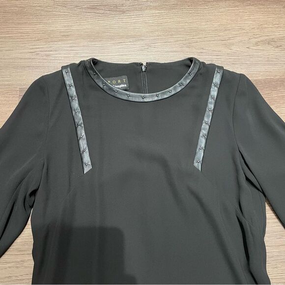 THE KOOPLES- Black Crepe Sheath Dress Vegan Leather Trim Rivets Size XS - Picture 3 of 8